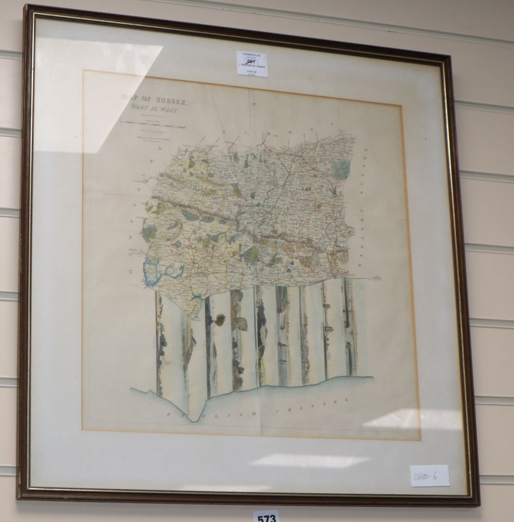 J. Baxter of Lewes, coloured engraving, Map of Sussex Part II West 1834, 43 x 41cm